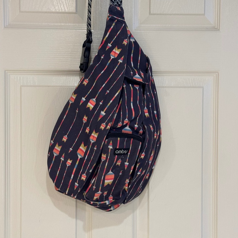 Ambry Rope Sling Bag Navy Blue Arrow Print Canvas Crossbody Backpack